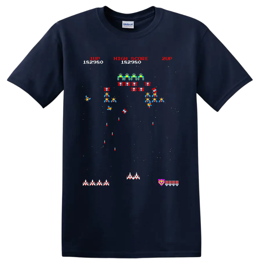 Space Invaders pixel art arcade battle with alien rows, ships, and high score text on a Navy (Blue) T Shirt