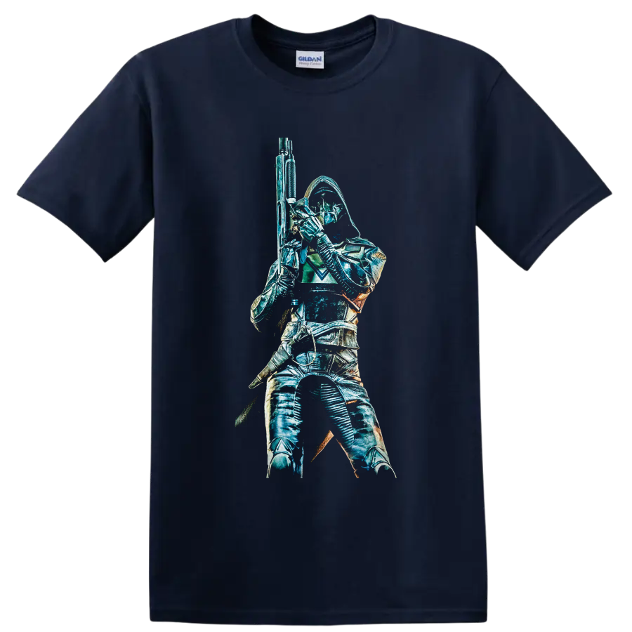Destiny 2 Hunter in hooded armor holding a rifle, teal sci-fi graphic on a Navy (Blue) T Shirt