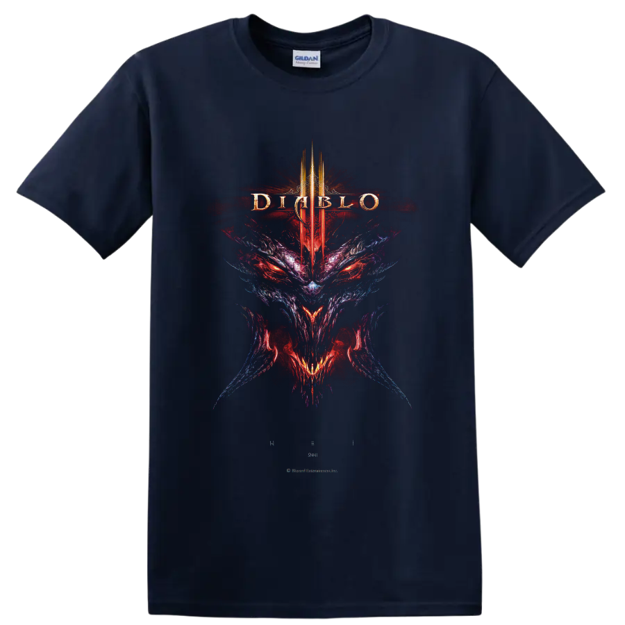 Diablo IV demon skull with red eyes, Roman numeral IV crest, and gothic fantasy art on a Navy (Blue) T Shirt