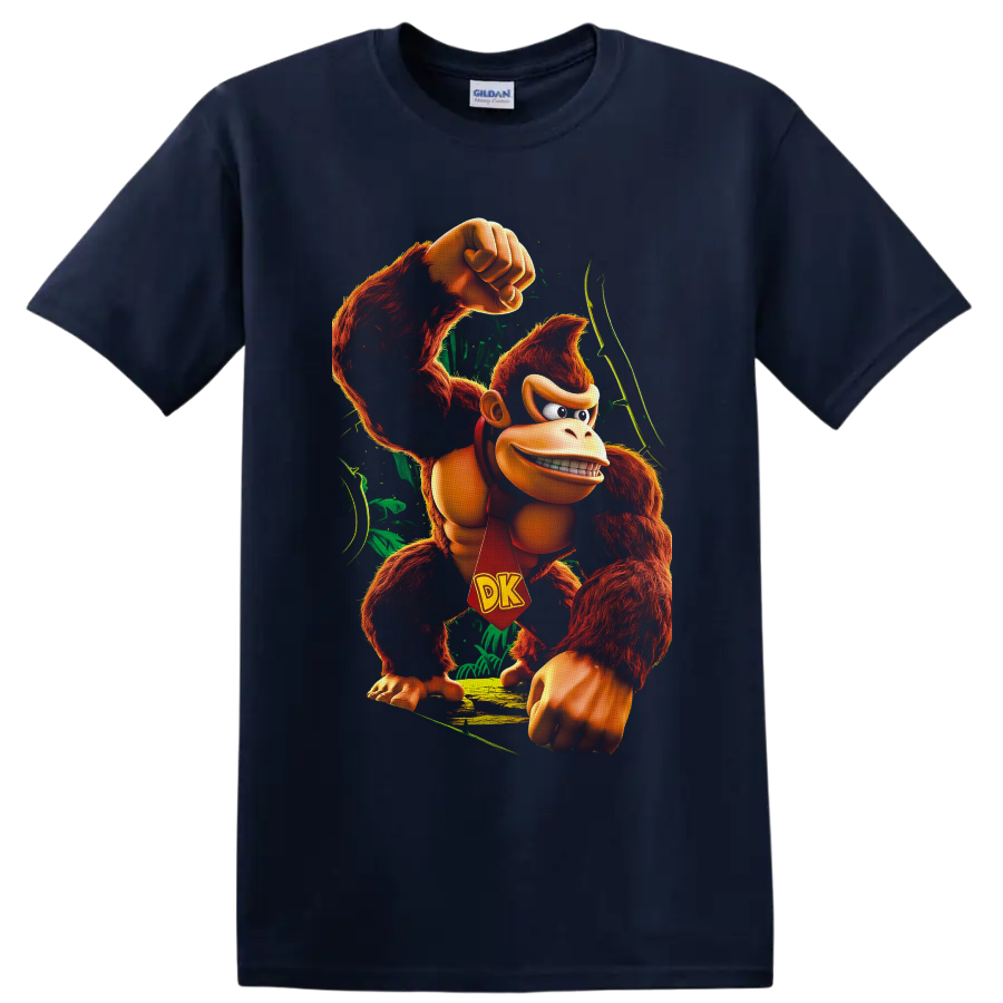 Donkey Kong raising a fist in a vivid jungle scene with a red DK tie on a Navy (Blue) T Shirt