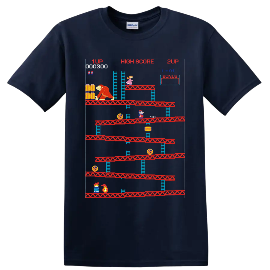 Donkey Kong Mario retro arcade platform graphic with ladders, barrels, and high score text on a Navy (Blue) T Shirt