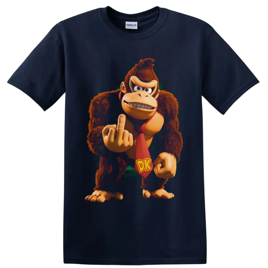 Donkey Kong character graphic with red DK tie and raised rude gesture on a Navy (Blue) T Shirt