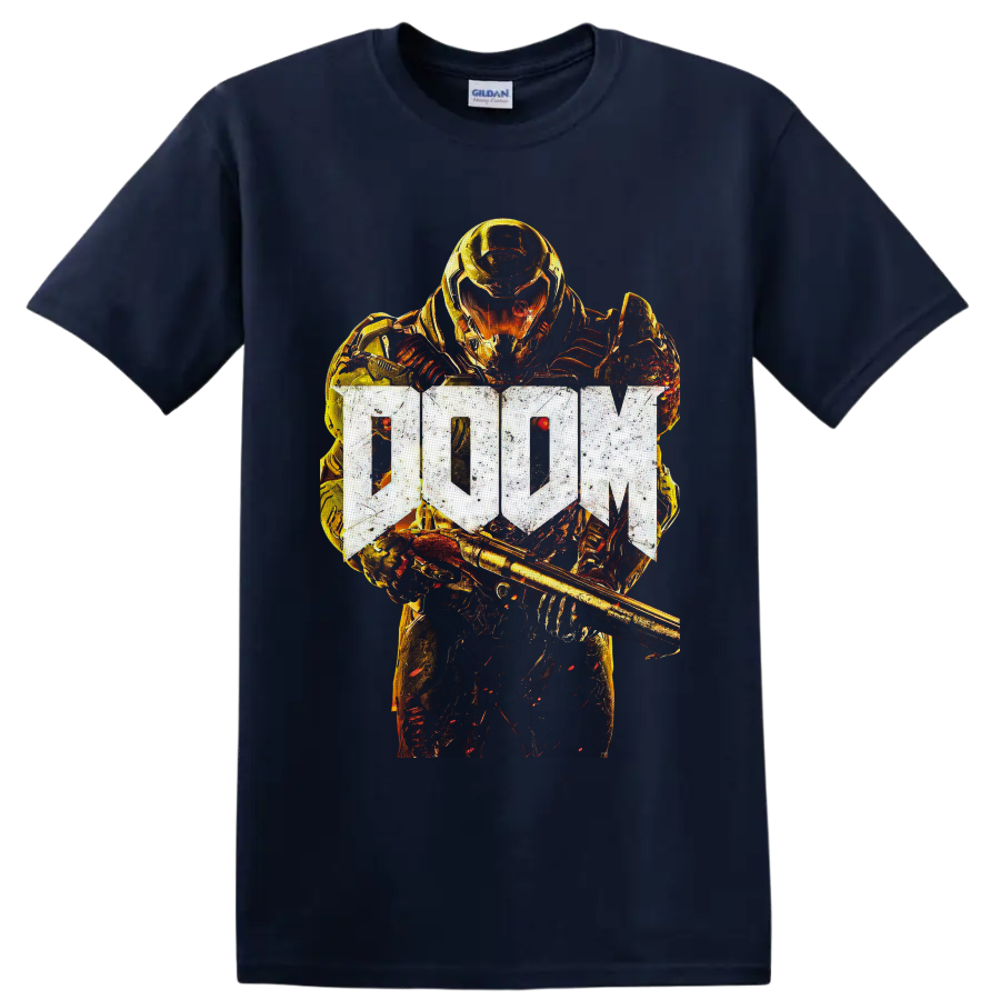 Doom Slayer in fiery gold armor with weapon and distressed DOOM logo on a Navy (Blue) T Shirt
