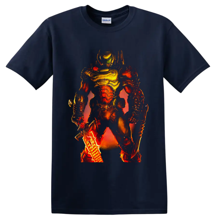 Doom Slayer in fiery futuristic armor with green visor and weapon details on a Navy (Blue) T Shirt
