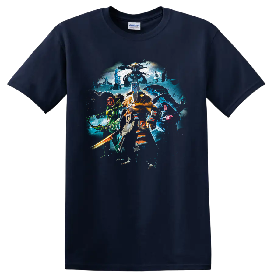Dota 2 Juggernaut fantasy battle art with masked warrior, glowing sword, and heroes on a Navy (Blue) T Shirt