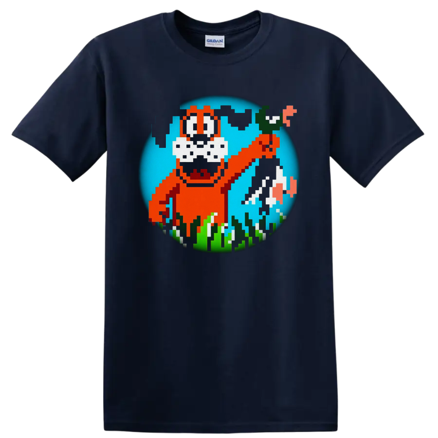 Duck Hunt pixel dog with flying ducks, grass, and retro 8-bit game art on a Navy (Blue) T Shirt