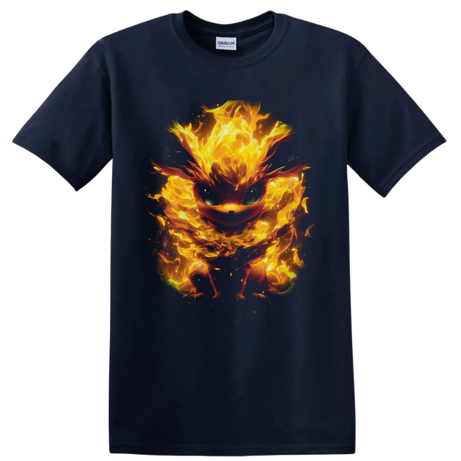 Eevee surrounded by glowing orange and yellow flames in a dramatic fantasy art style on a Navy (Blue) T Shirt