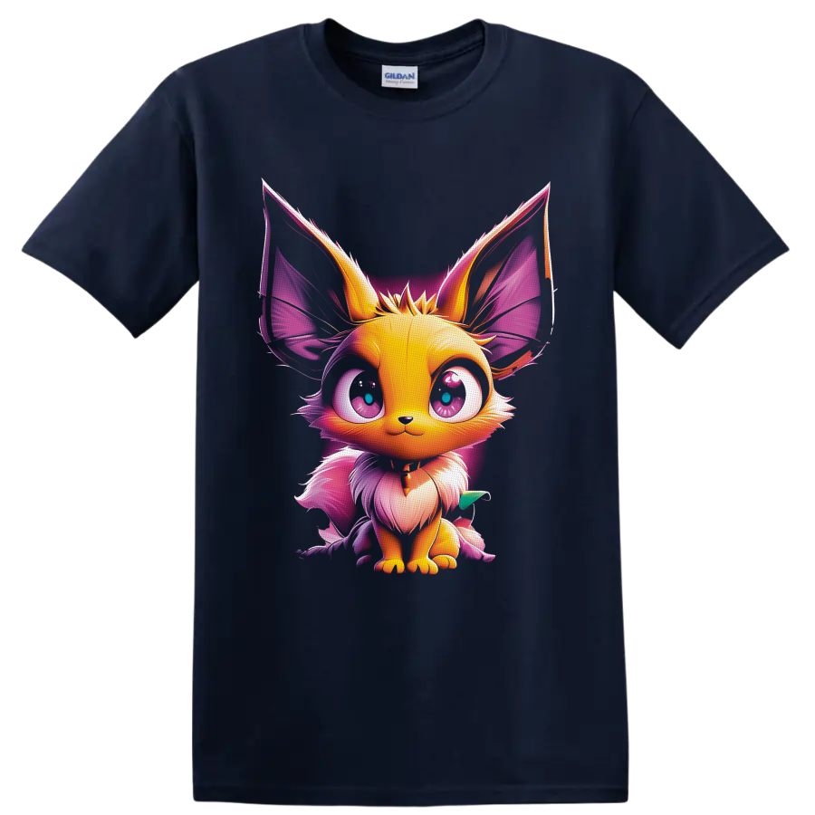 Pokémon Eevee fantasy fox character with glowing pink and purple digital art on a Navy (Blue) T Shirt