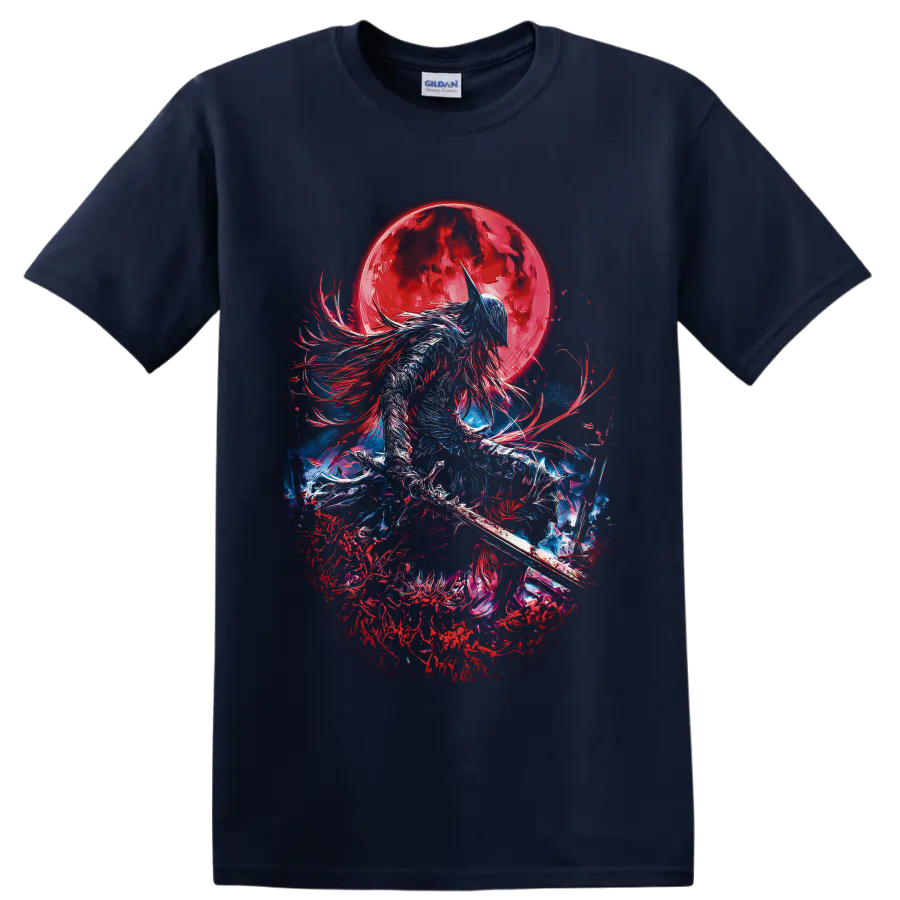 Moon Knight-inspired armored warrior with sword beneath a crimson moon in dark fantasy art on a Navy (Blue) T Shirt