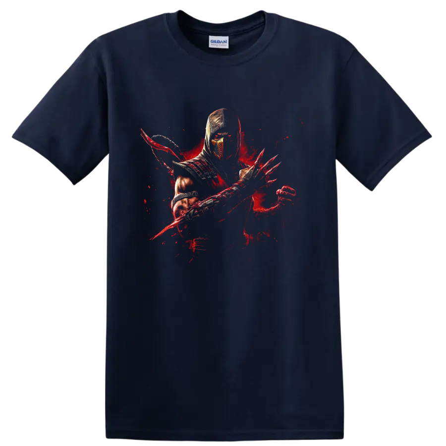 Ermac hooded armored warrior with blade and red energy splatter artwork on a Navy (Blue) T Shirt