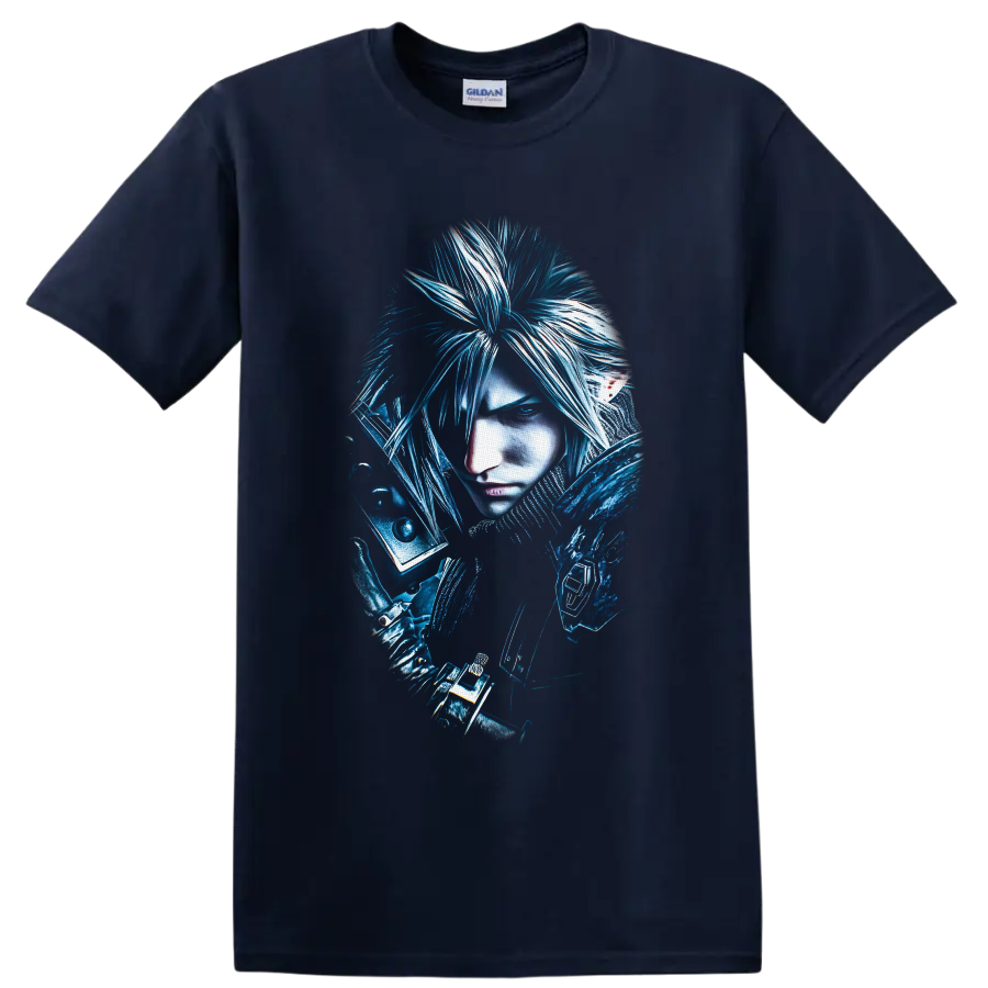 Cloud Strife blue fantasy warrior portrait with sword hilt and armored shoulder on a Navy (Blue) T Shirt