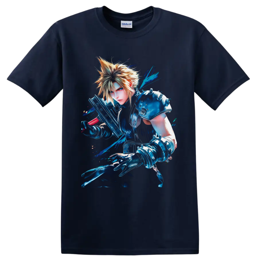 Cloud Strife with Buster Sword in vivid blue Final Fantasy VII warrior art on a Navy (Blue) T Shirt