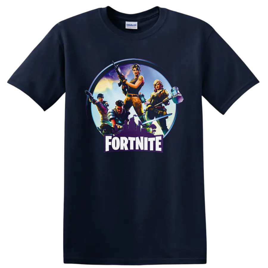 Fortnite squad action characters with gear, glowing city backdrop, and bold logo on a Navy (Blue) T Shirt