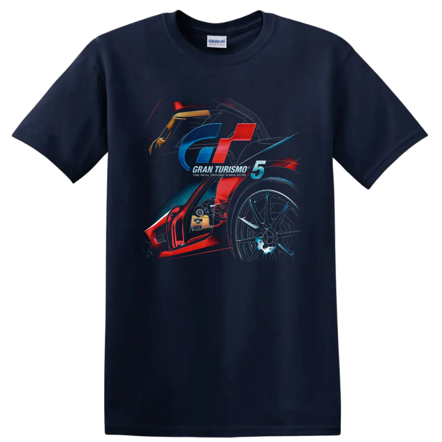 Gran Turismo 5 racing emblem with sports car cockpit, alloy wheel, and motion art on a Navy (Blue) T Shirt