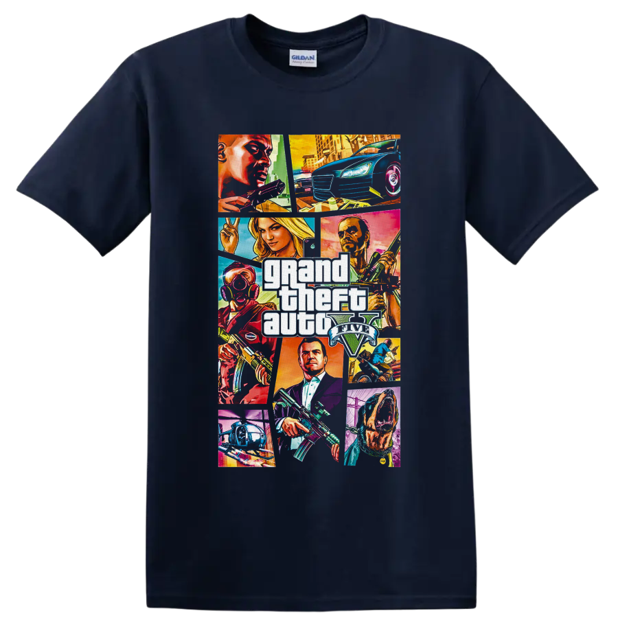 Grand Theft Auto V neon character collage with cars, helicopter, city scenes, and logo on a Navy (Blue) T Shirt