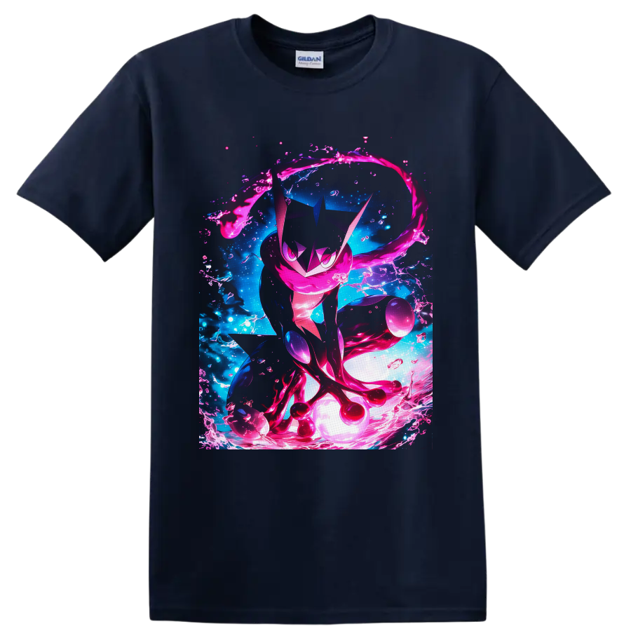 Greninja in neon pink water splashes with electric blue anime-style background on a Navy (Blue) T Shirt