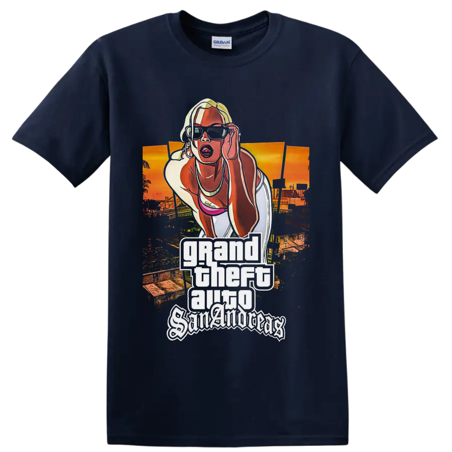 Grand Theft Auto San Andreas blonde woman sunset city poster graphic on a Navy (Blue) T Shirt