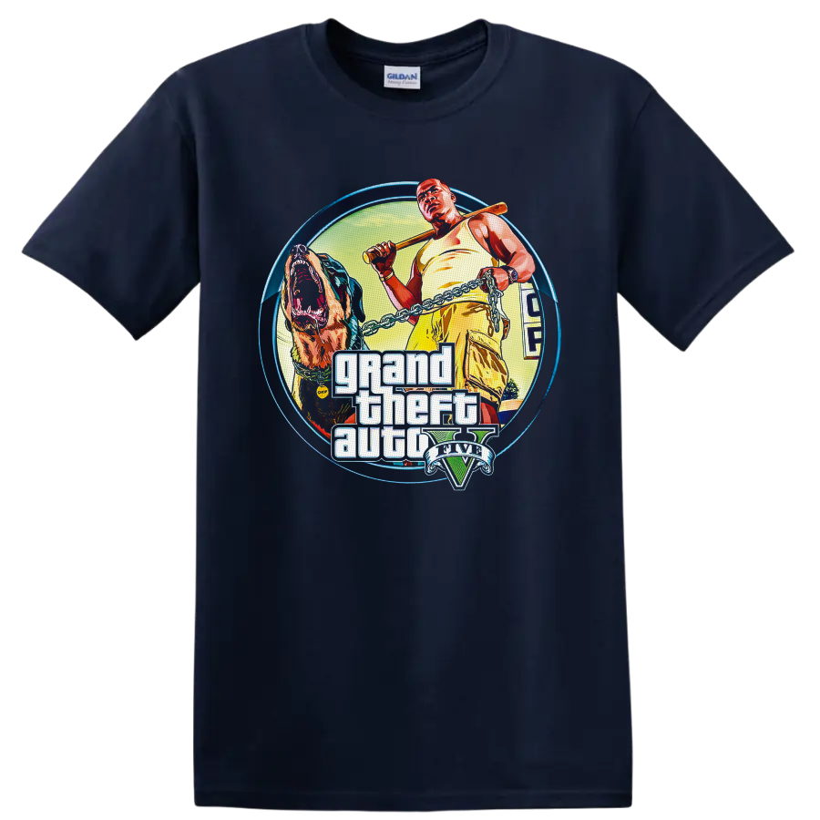 Grand Theft Auto V Franklin Clinton and Chop illustrated graphic with V emblem on a Navy (Blue) T Shirt