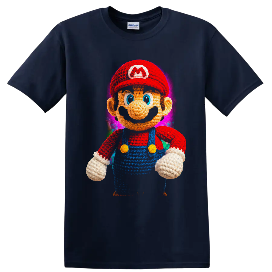 Knitted-style Mario character with colorful abstract background on a Navy (Blue) T Shirt