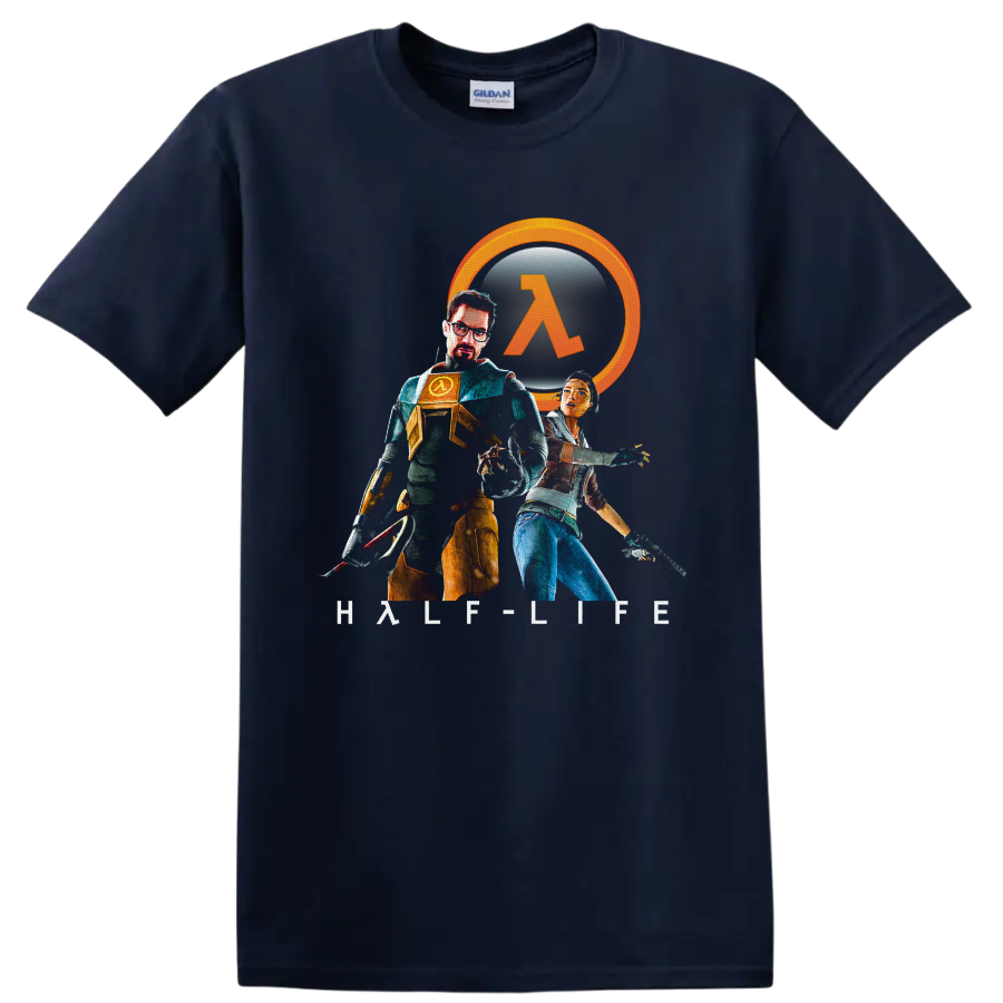Gordon Freeman and Alyx Vance Half-Life 2 art with orange lambda emblem on a Navy (Blue) T Shirt