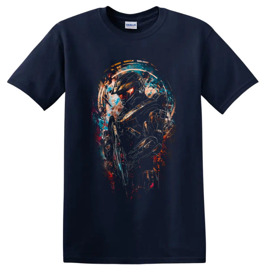 Master Chief Halo Spartan warrior in neon paint-splash armor artwork on a Navy (Blue) T Shirt