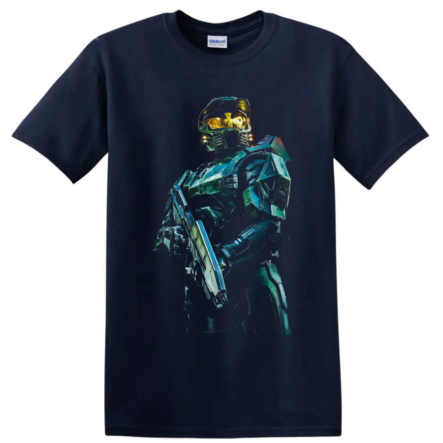 Master Chief in teal-green futuristic armor with gold visor and sci-fi rifle on a Navy (Blue) T Shirt