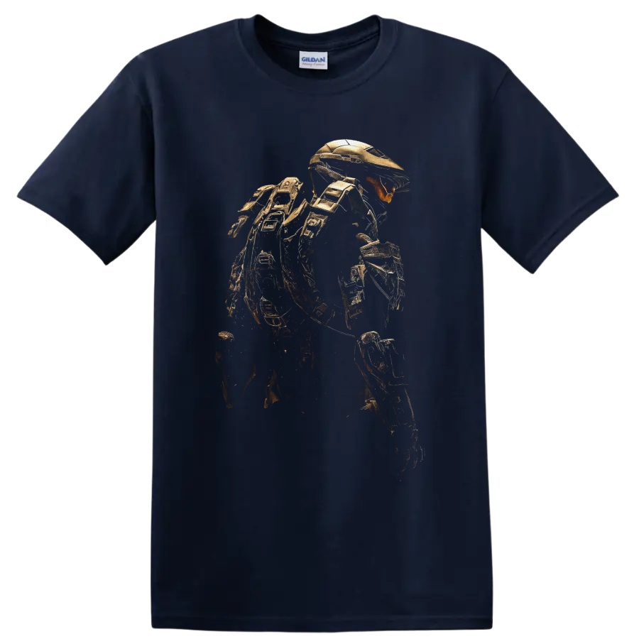 Halo Elite Warrior in detailed gold armor, crouched in a sci-fi gaming art pose on a Navy (Blue) T Shirt