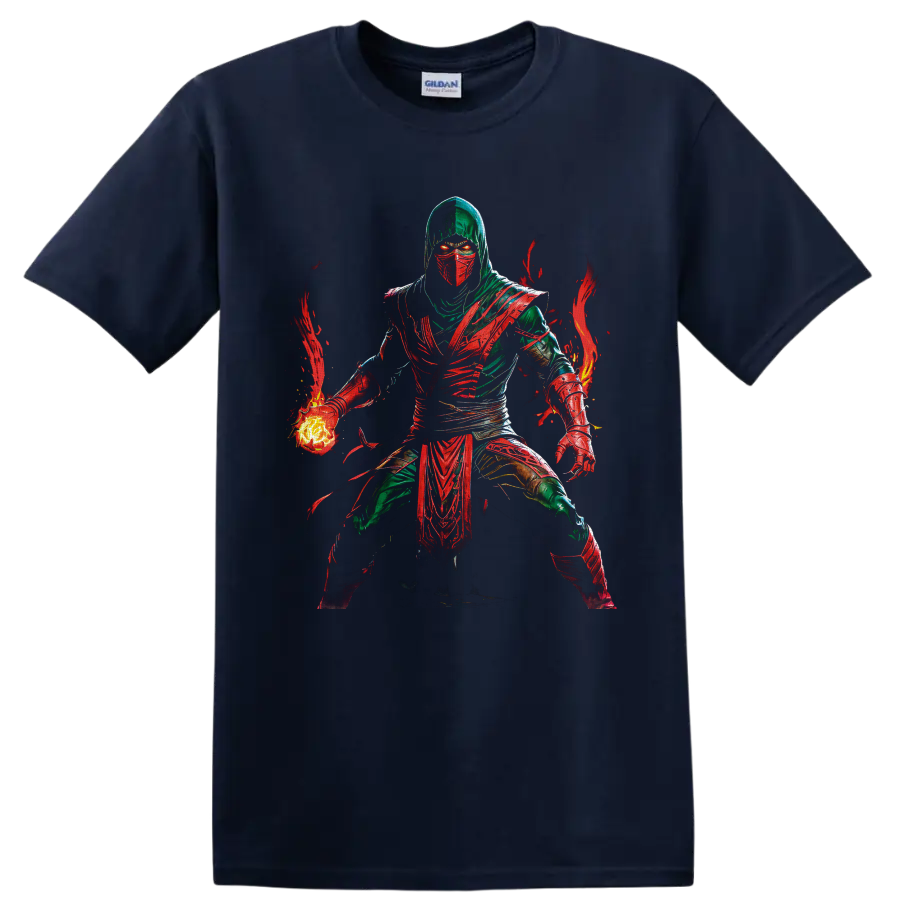 Ermac Mortal Kombat masked warrior with glowing fireball and red flame artwork on a Navy (Blue) T Shirt