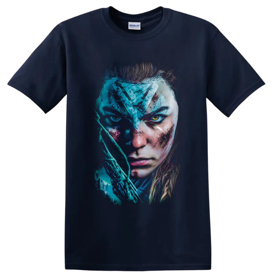 Aloy Horizon Zero Dawn cyber tribal portrait with bow and teal wilderness art on a Navy (Blue) T Shirt