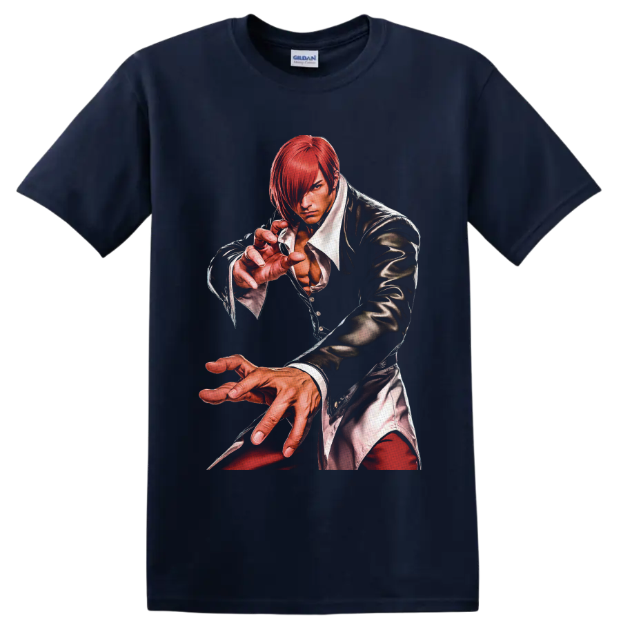 Iori Yagami red-haired fighter illustration from The King of Fighters on a Navy (Blue) T Shirt