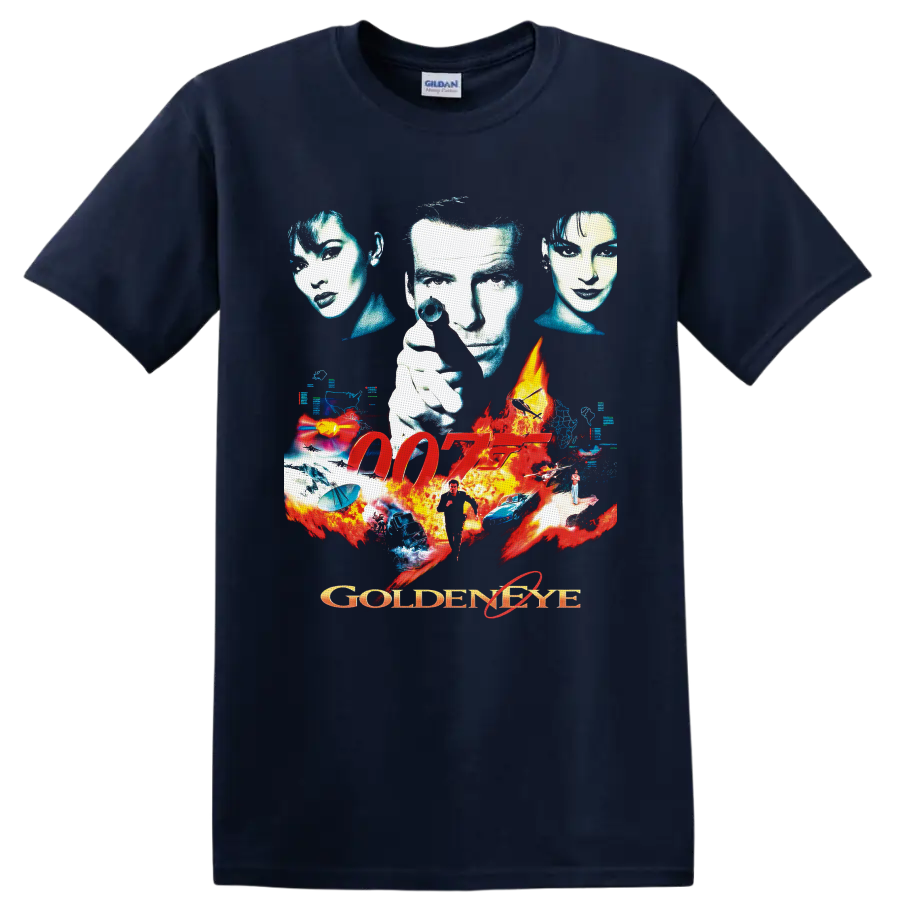 James Bond GoldenEye 007 retro spy collage with 007 logo, flames, cars and weapons on a Navy (Blue) T Shirt