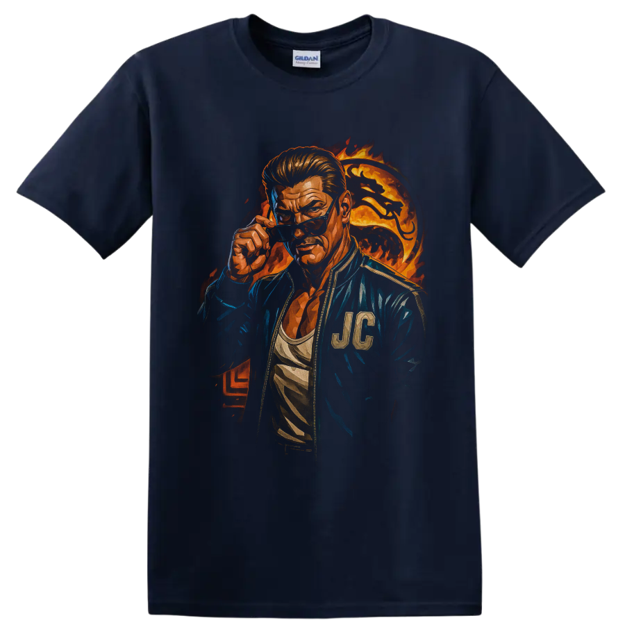 Johnny Cage fiery portrait with sunglasses, blue jacket, and flame backdrop on a Navy (Blue) T Shirt