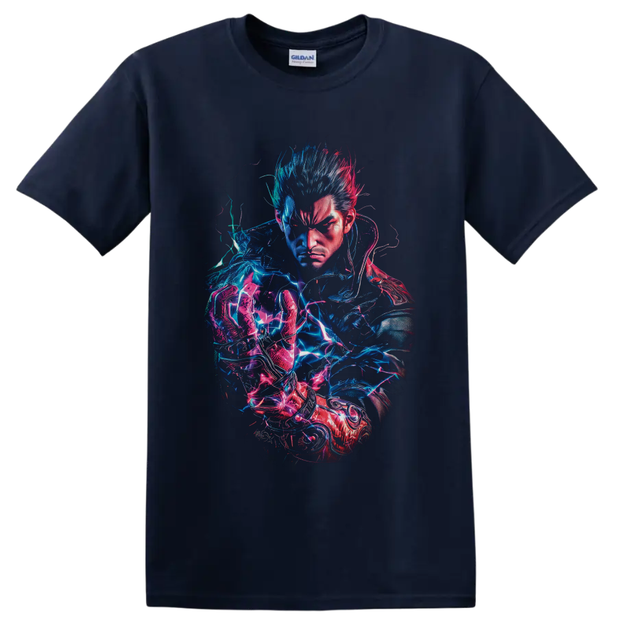 Kazuya Mishima neon electric fighter portrait in blue and pink cyberpunk art on a Navy (Blue) T Shirt