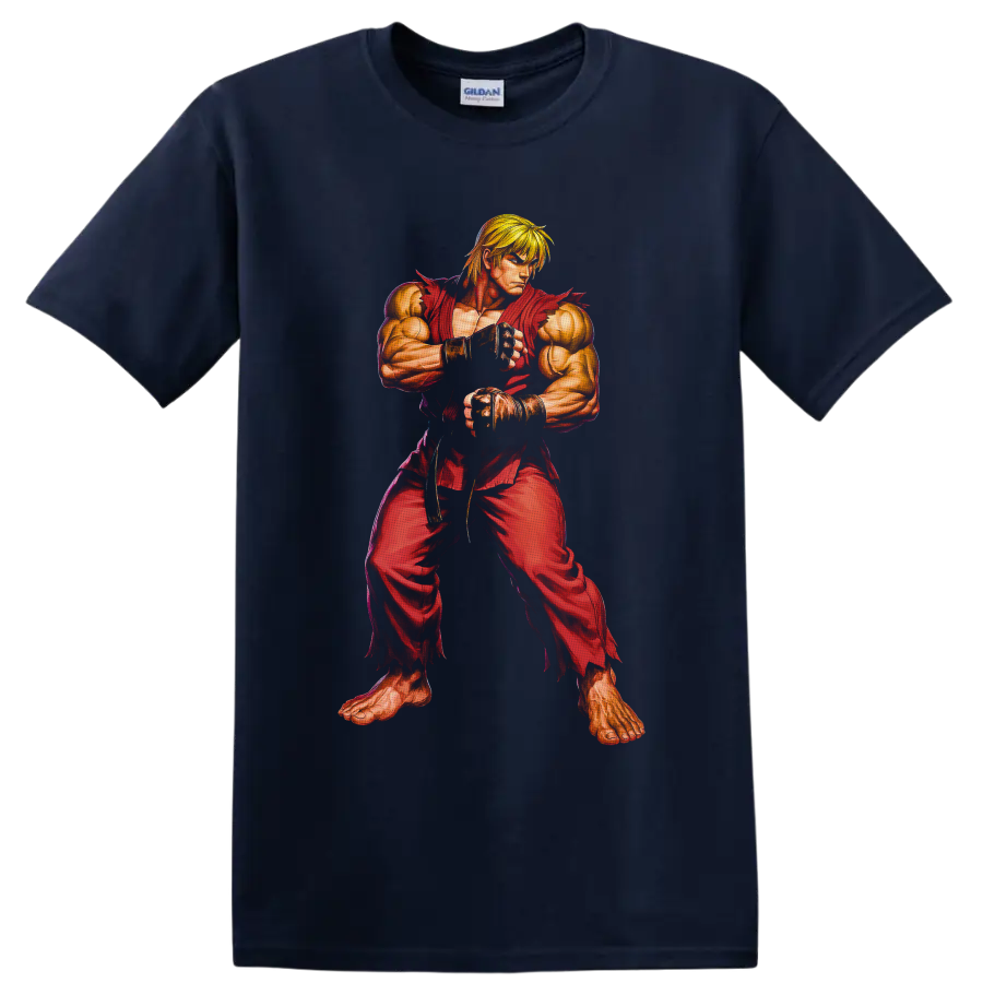 Ken Street Fighter in red gi, detailed retro arcade martial arts fighter artwork on a Navy (Blue) T Shirt