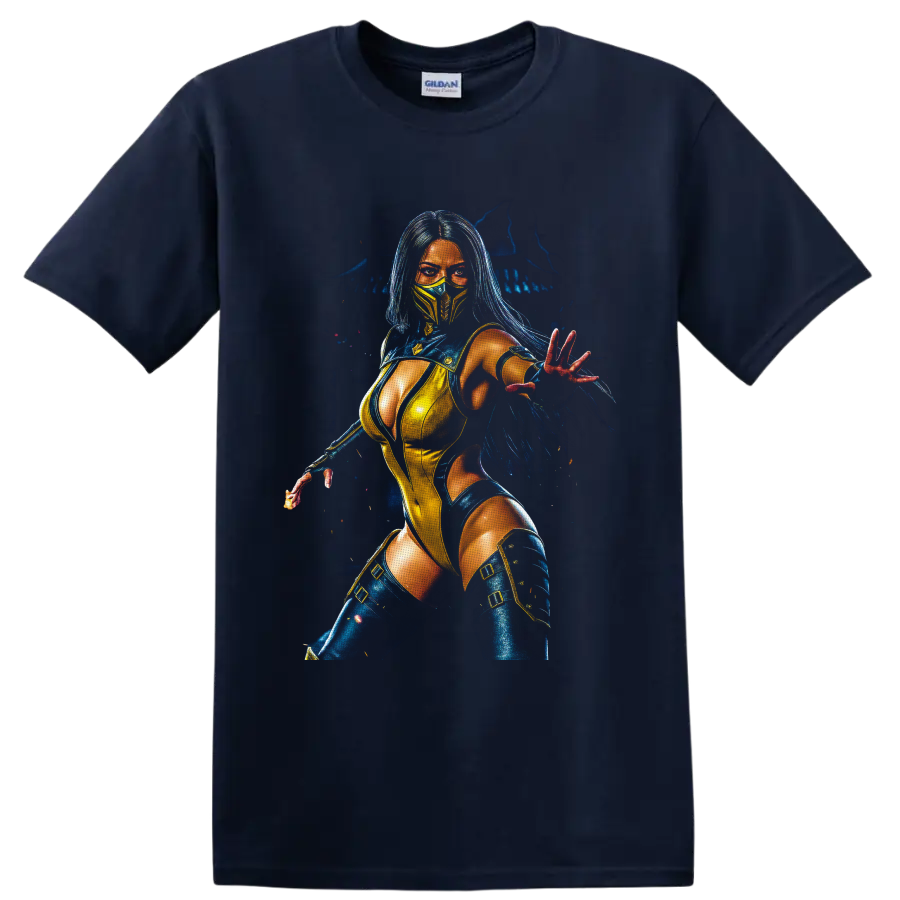 Kitana in blue and gold mask with glowing fantasy warrior portrait on a Navy (Blue) T Shirt