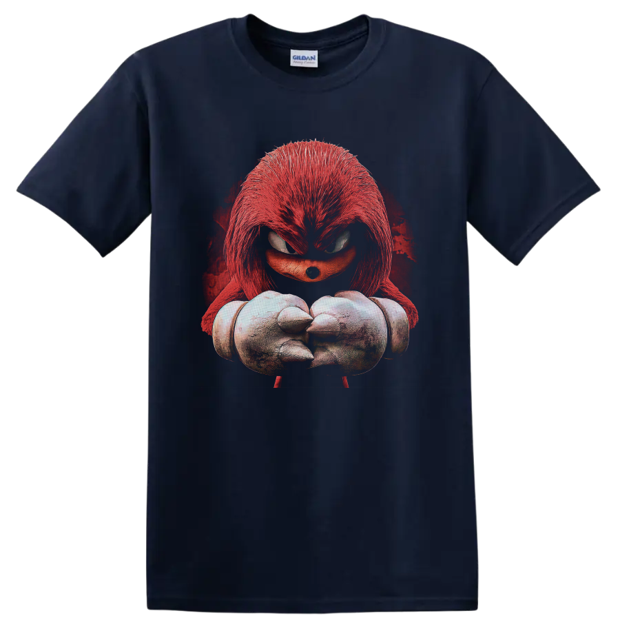 Knuckles horror portrait with red quills, spiked fists, and distressed crimson backdrop on a Navy (Blue) T Shirt