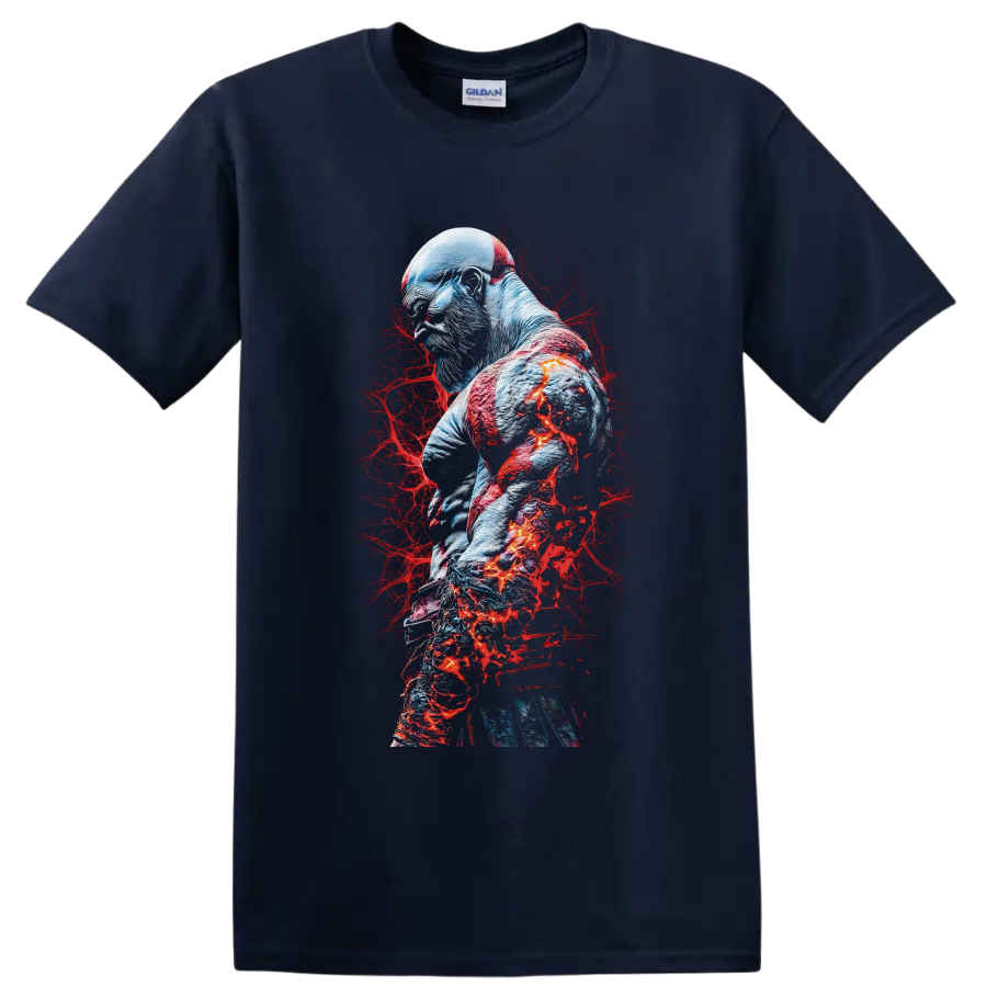 Kratos God of War warrior portrait with red markings and fiery blue-gray battle art on a Navy (Blue) T Shirt