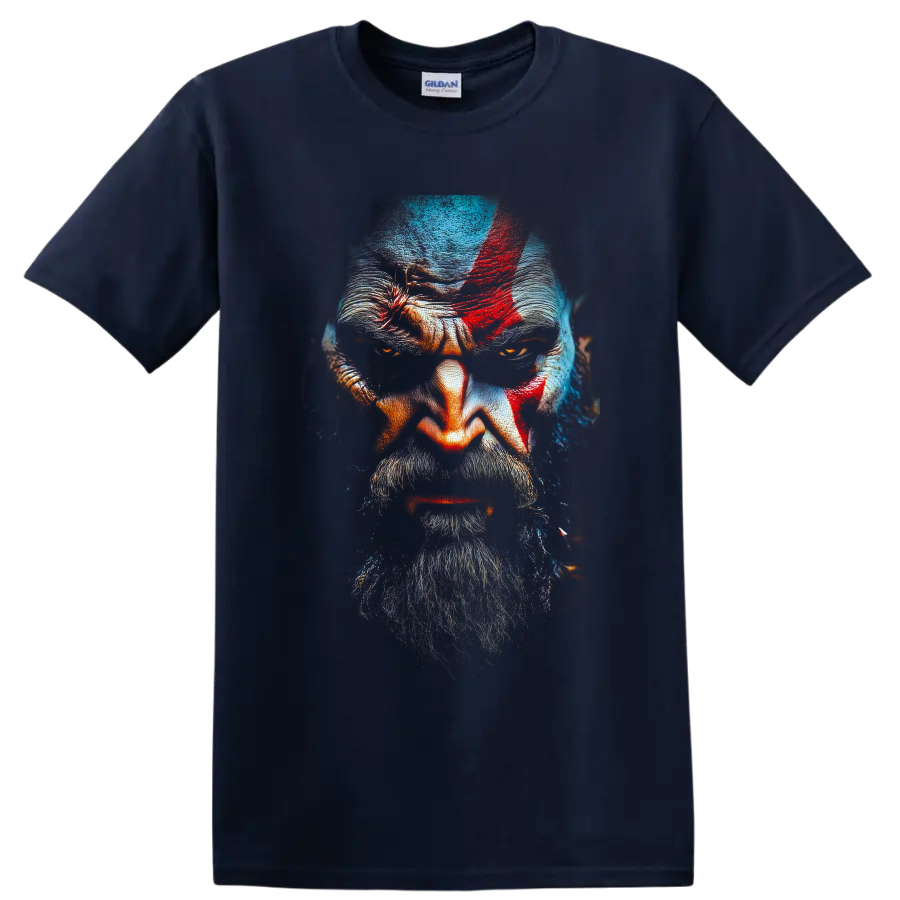 Kratos God of War close-up portrait with red mark, beard, and dark painted lighting on a Navy (Blue) T Shirt