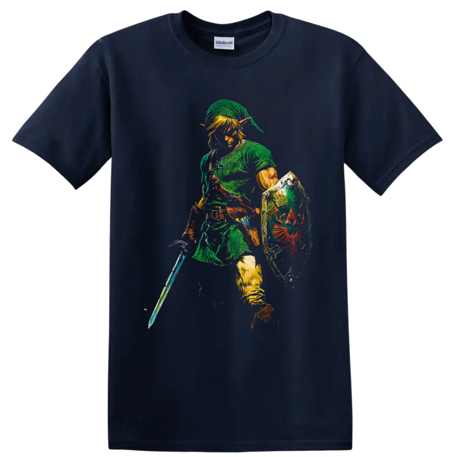 Link in green tunic with sword and crest shield, textured fantasy game art on a Navy (Blue) T Shirt