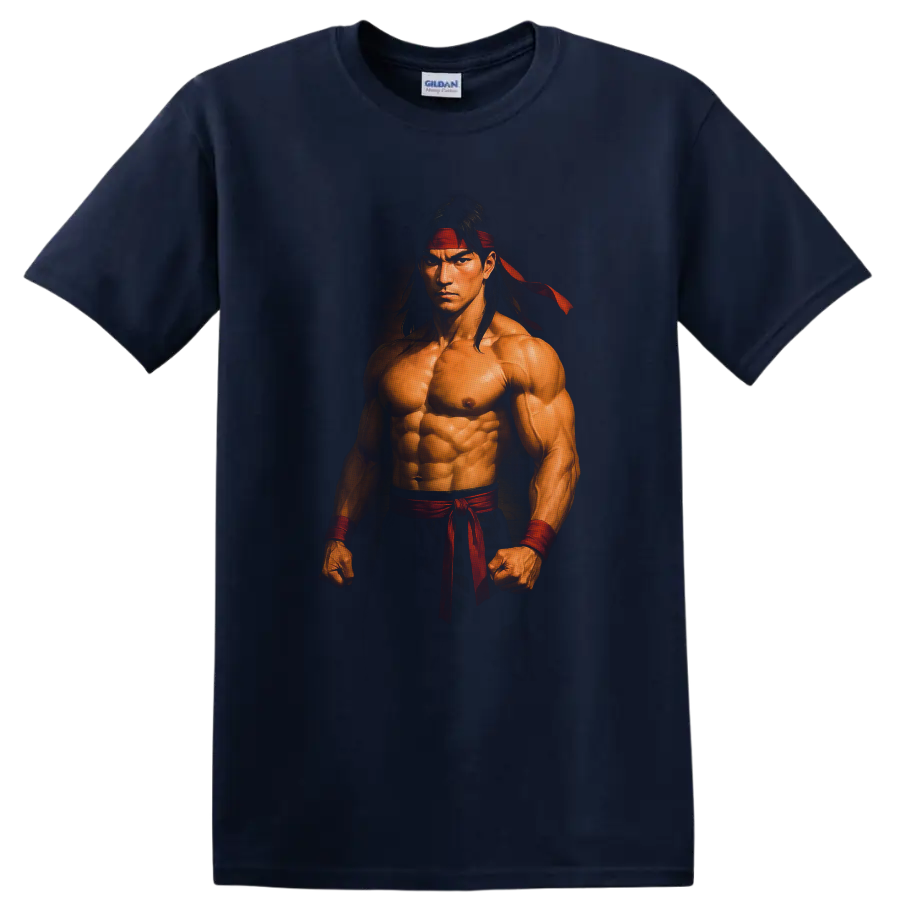 Liu Kang Mortal Kombat martial arts portrait with red headband and wrist wraps on a Navy (Blue) T Shirt