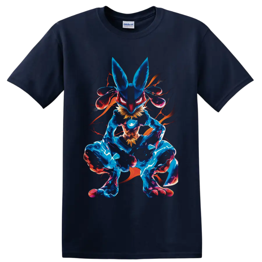 Lucario crouched in neon blue and magenta aura fighter artwork on a Navy (Blue) T Shirt