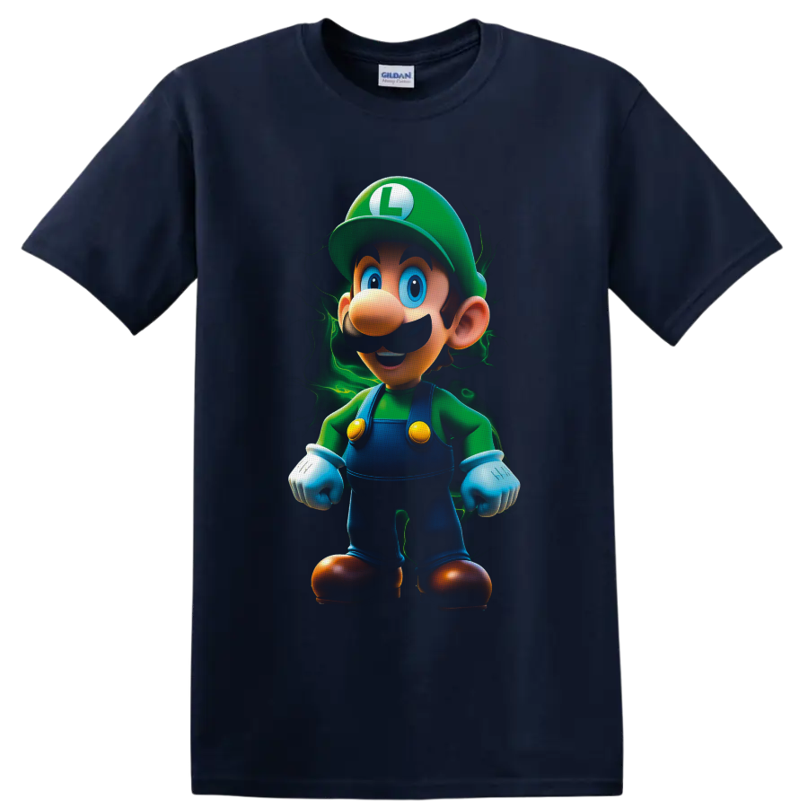 Luigi Super Mario cartoon character with a glowing green electric aura on a Navy (Blue) T Shirt