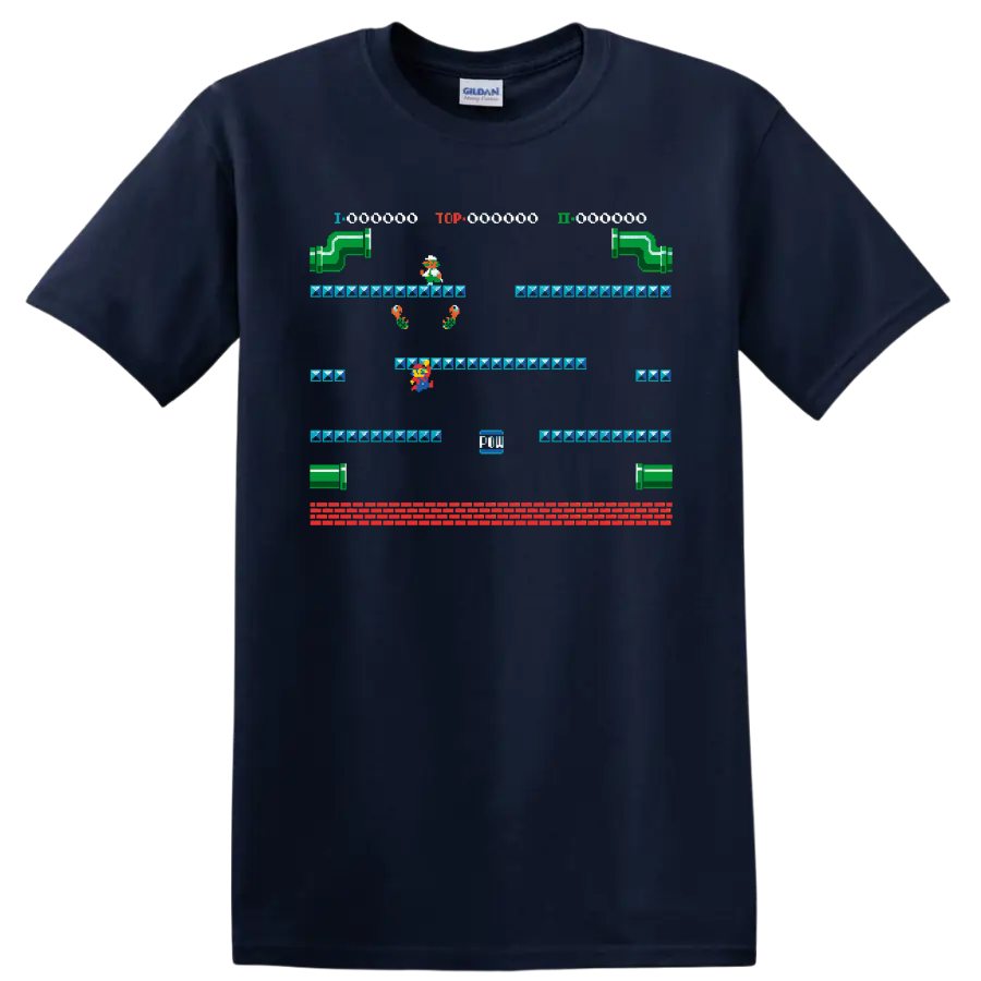 Mario Super Mario Bros. 3 pixel platform level with warp pipes and block platforms on a Navy (Blue) T Shirt