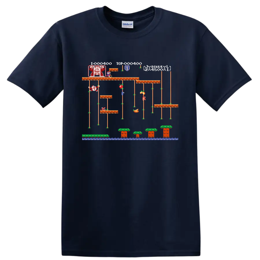 Mario Bros pixel-art platform scene with Mario, Luigi, vines, mushrooms, and water on a Navy (Blue) T Shirt