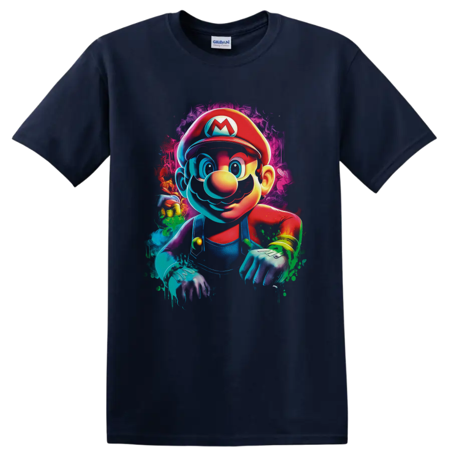 Mario Super Mario Bros neon graffiti character art with colorful paint splashes on a Navy (Blue) T Shirt