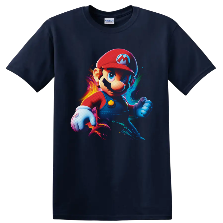 Mario Super Mario Bros action portrait with vivid neon-style color swirls on a Navy (Blue) T Shirt