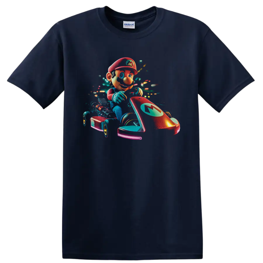 Mario racing a red go kart in vibrant neon retro arcade artwork on a Navy (Blue) T Shirt