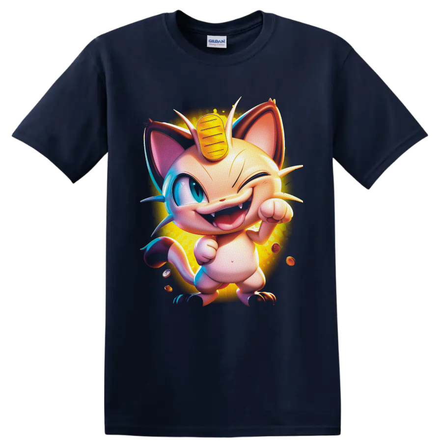 Winking Meowth with forehead coin, floating coins, and glowing cartoon artwork on a Navy (Blue) T Shirt
