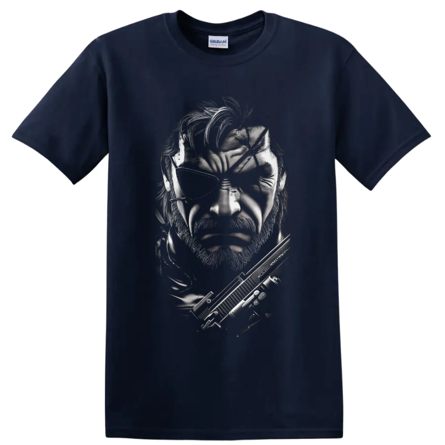 Solid Snake monochrome tactical portrait with eyepatch and rifle on a Navy (Blue) T Shirt