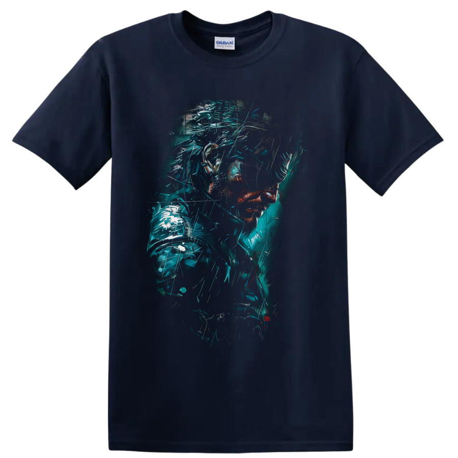 Venom Snake cyberpunk portrait with teal glitch fragments and tactical armor on a Navy (Blue) T Shirt